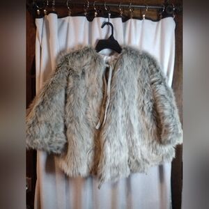 Faux Fur Gray Grey Silver Shawl Cape With 2 Ties